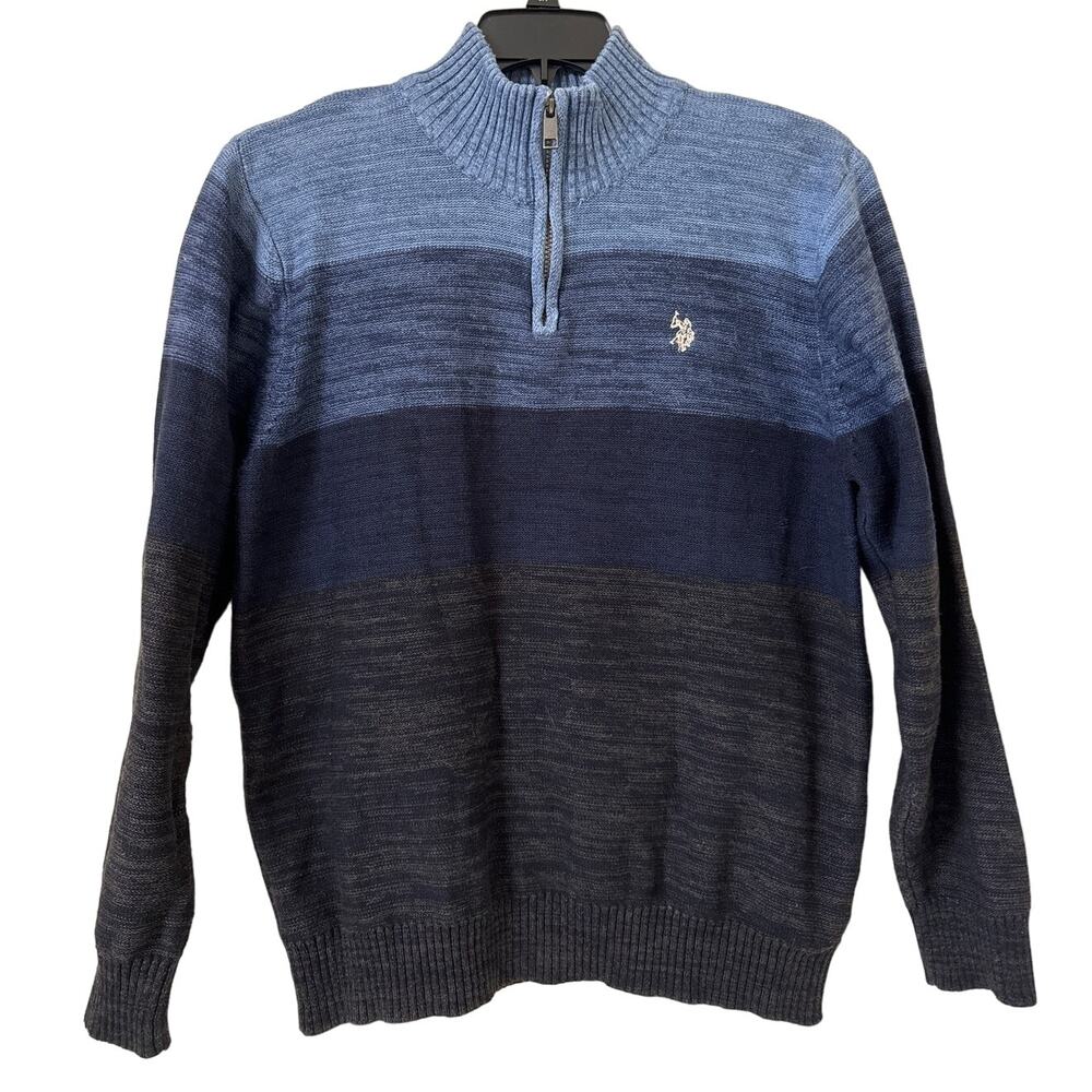 US Polo Association, Black Mallet, Large Pullover Sweater Blue Brown Quarter Zip